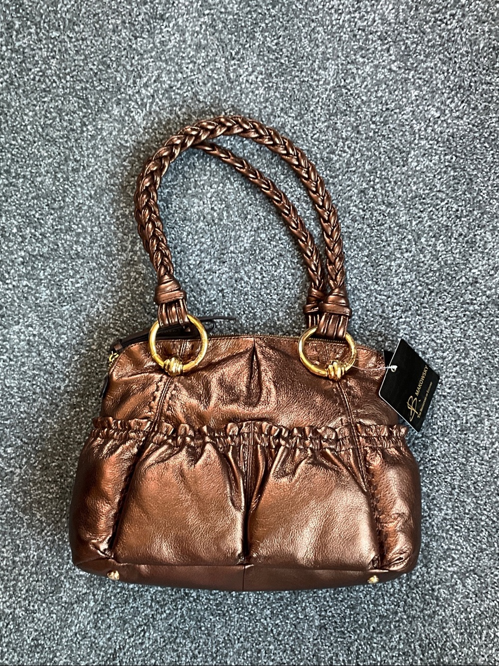 b. makowsky Metallic Bronze Braided-Handle Shoulder Bag with Gold Hardware